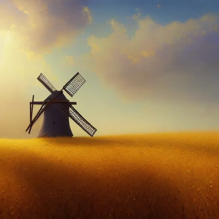 Prompt: a beautiful painting of a windmill in a golden wheat field by ivan aivazovsky and greg rutkowski and rhads, in style of digital art. hyper detailed, sharp focus, soft light. octane render. ray tracing. trending on artstation