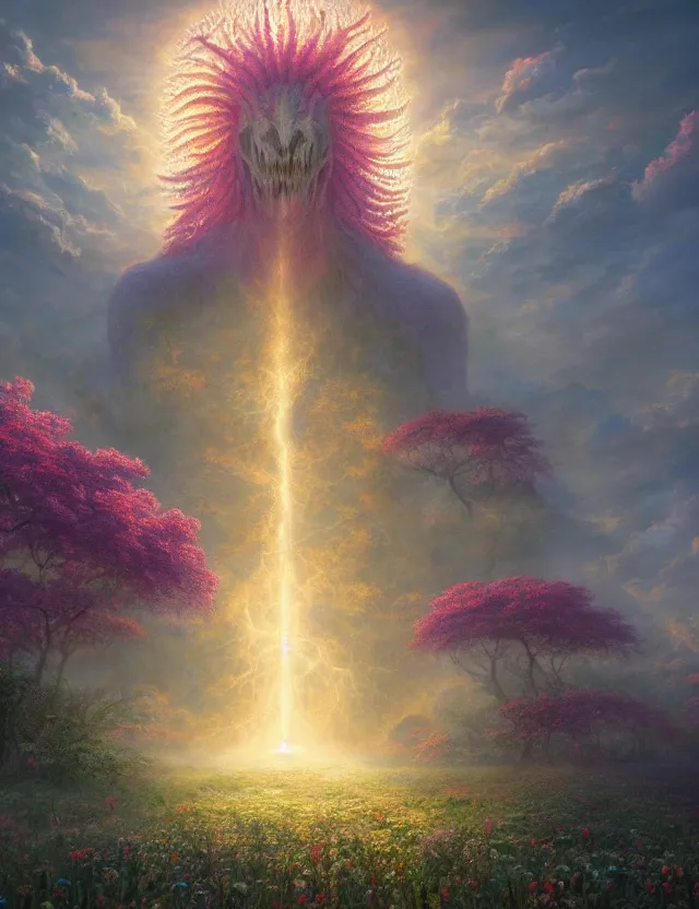 Image similar to A terrifying giant monster made of flowers, beautiful atmosphere, god rays, masterpiece digital painting by Alex Grey, Greg Rutkowski, 4k wallpaper