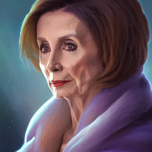 Prompt: Nancy Pelosi is a alien princess, cinematic lighting, intricate, elegant, highly detailed, digital painting, artstation, sharp focus, illustration, art by artgerm and greg rutkowski and alphonse mucha and Wayne Barlowe and william-adolphe bouguereau