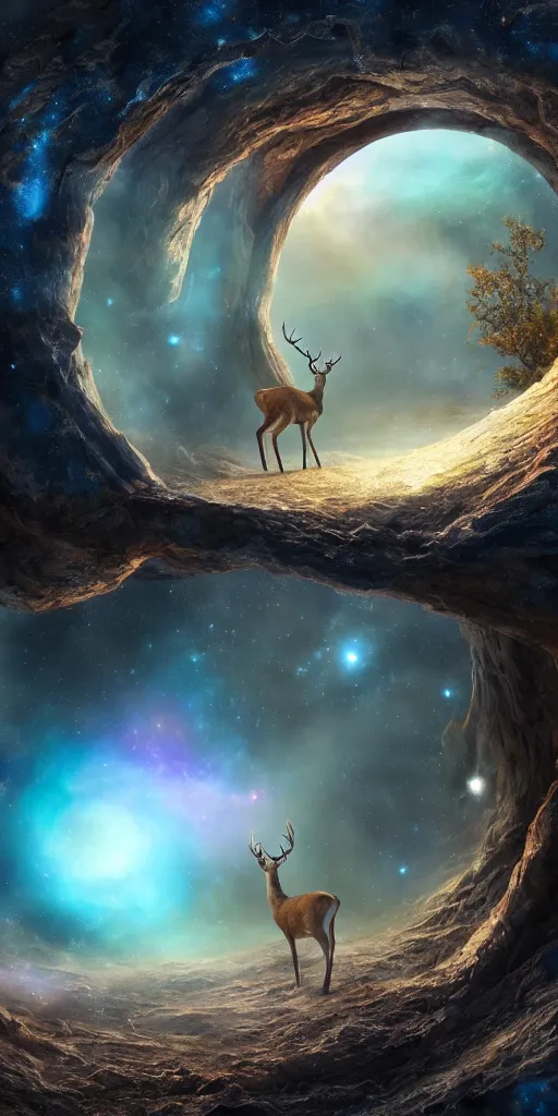 Prompt: an extreme long shot of a deer peering into a giant portal into the universe and galaxies in the shape of a keyhole to the nebulae and galaxies, beautiful matte painting by weta workshop 4 k, cinematic dramatic atmosphere, dramatic lighting, trending on artstation