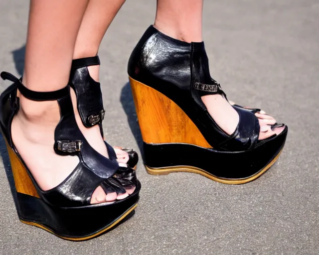 Prompt: a photo of a close up of very used well worn shiny black platform wedge sandals, chunky, top view, inprints of the toes are clearly visable, 8k