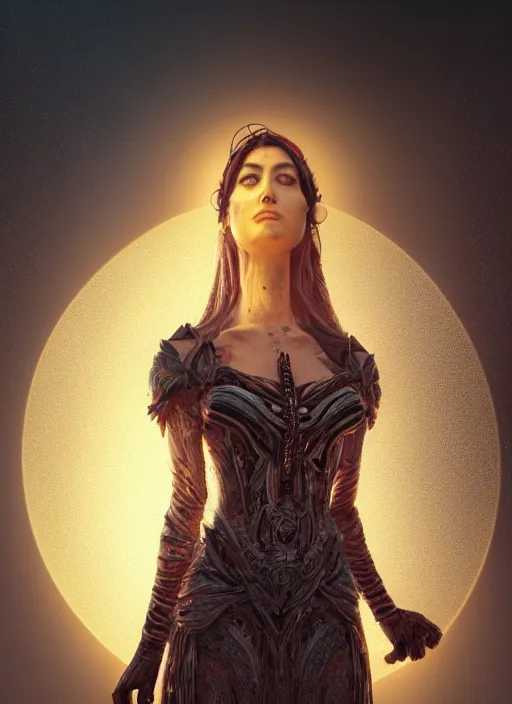 Image similar to portrait, queen of death, glowing halo, mandala, bokeh on background, dramatic lighting, cinematic, establishing shot, extremly high detail, foto realistic, cinematic lighting, post processed, concept art, artstation, matte painting, style by eddie mendoza, raphael lacoste, alex ross. 3d. octane render. by Tooth Wu and wlop and beeple and dan mumford