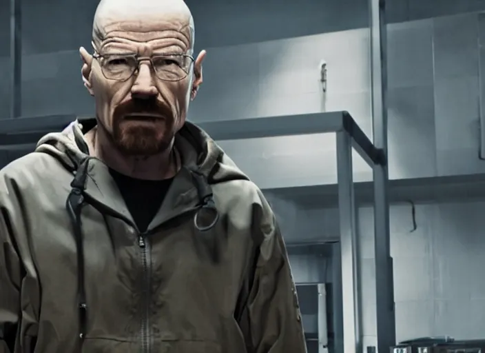 Image similar to film still of Walter White as Gordan Freeman wearing Black Mesa Jumpsuit in the Half Life Movie, 4k