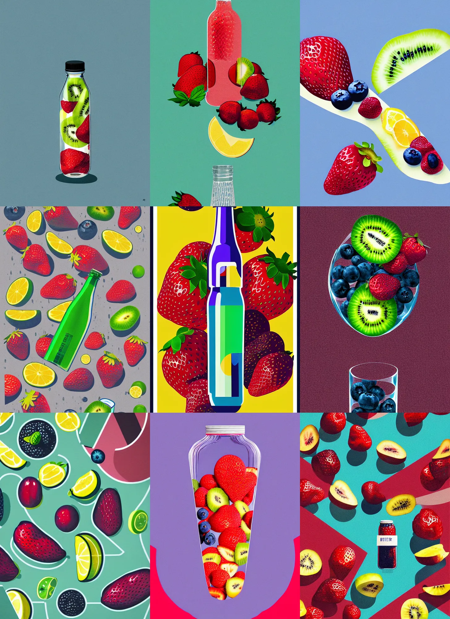 Prompt: ( ( dither ) ), editorial illustration strawberries blueberries sliced kiwi sliced lemon inside a clear drinking bottle, isometric, modern art deco, ( ( mads berg ) ), detailed, dynamic composition, wide angle, matte print, film grain