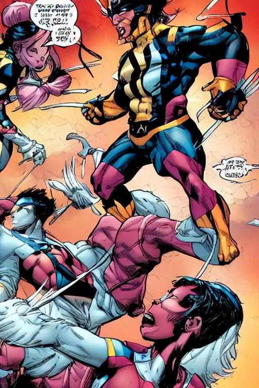 Image similar to uncanny x - men comic book panel containing wolverine and jubilee, illustrated by jim lee