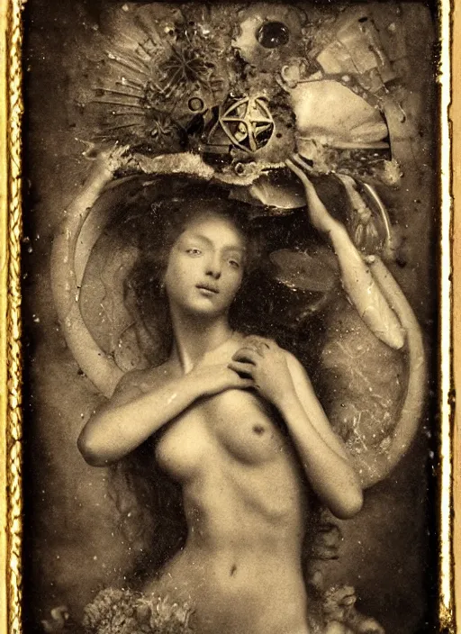 Image similar to old wetplate daguerreotype portrait of birth of venus, explosion of data fragments, fractal, intricate, elegant, highly detailed, parallax, leica, medium format, subsurface scattering, by jheronimus bosch and greg rutkowski and louis jacques mande daguerre