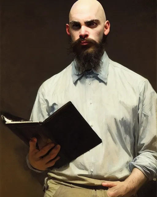 Image similar to a bald nonbinary moustachioed it specialist at work. fantasy art by greg rutkowski, gustave courbet, rosa bonheur, edward hopper. faithfully depicted facial expression, perfect anatomy, sharp focus, global illumination, radiant light, detailed and intricate environment, trending on artstation