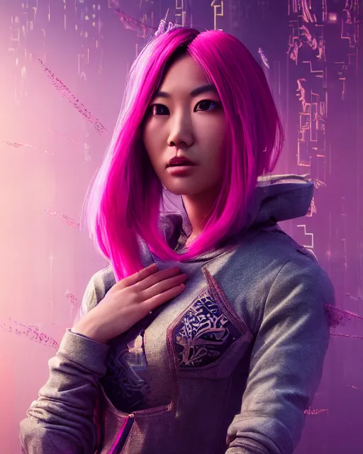 Prompt: portrait of a beautiful asian woman with pink hair as a cyberpunk cyborg, sci - fi, missing panels, intricate abstract upper body intricate artwork, concept art, octane render, deviantart, cinematic, key art, hyperrealism, iridescent accents, portrait photograph, nikon 3 5 mm, photograph by annie leibovitz and steve mccurry, greg rutkowski