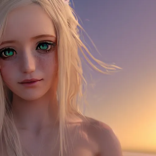 Image similar to Render of a beautiful 3d anime woman, long white hair, blue eyes, cute freckles, blush, full round face, soft smile, cute sundress, golden hour, serene beach setting, medium shot, mid-shot, hyperdetailed, trending on Artstation, Unreal Engine 4k