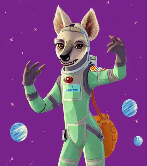 Image similar to digital detailed full body of anthromorphic female hyena, in style of zootopia, fursona, furry, furaffinity, 4 k, deviantart, wearing astronaut outfit, in style of zootopia, floating in space, space background, in deep space, dark background, hyena fursona, cyberpunk, female, detailed face,