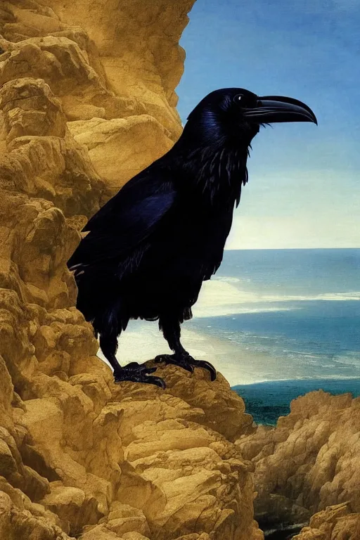 Prompt: a breathtakingly stunningly beautifully highly detailed extreme close up portrait of a raven under a rock arch, epic coves crashing waves plants, beautiful clear harmonious composition, dynamically shot, wonderful strikingly beautiful serene sunset, detailed organic textures, by frederic leighton and rosetti and turner and eugene von guerard, 4 k