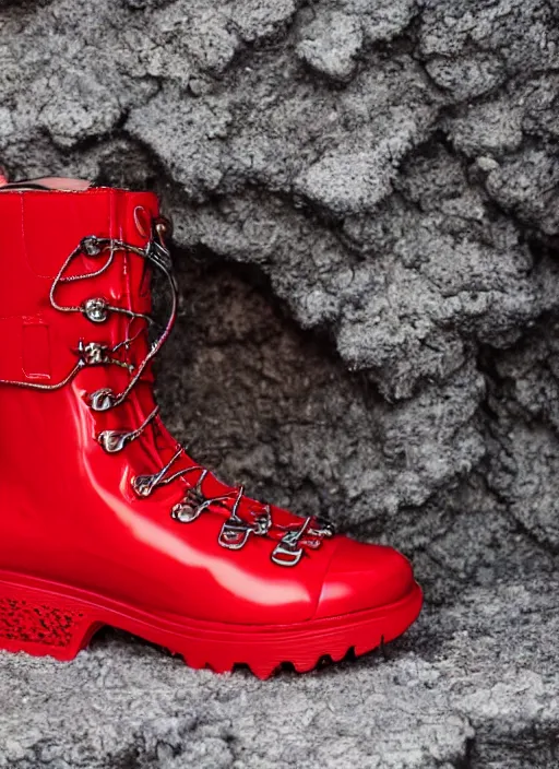 Image similar to hyperrealistic and heavy detailed moncler boots of whole lotta red by playboi carti, leica sl 2 5 0 mm, vivid color, high quality, high textured, real life