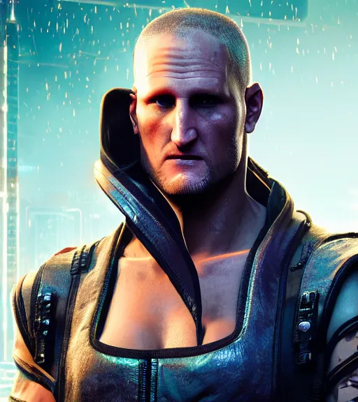 Prompt: cyberpunk 2 0 7 7, charismatic rugged male battle woody harrelson - mage portrait, clothed in hooded, metal - plated battle armor atmospheric lighting painted intricate volumetric lighting, beautiful, sharp focus, ultra detailed by leesha hannigan, ross tran, thierry doizon, kai carpenter, ignacio fernandez rios