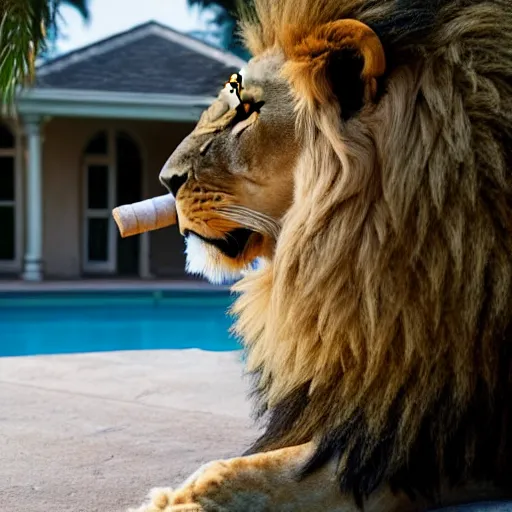 Image similar to a very detailed photo of a lion ( smoking a cigar ) outside the mansion by the pool