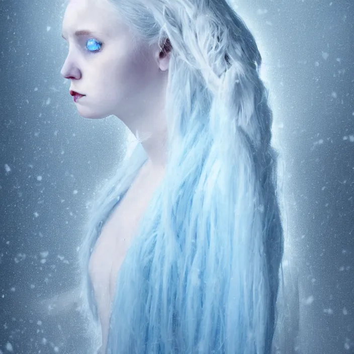 Image similar to a sickly looking young woman dying of hypothermia, with very white skin and pale blue hair wearing a long highneck dress made out of snowflakes in the middle of a heavy snowstorm. pale light blue lips. full body digital portrait by maromi sagi