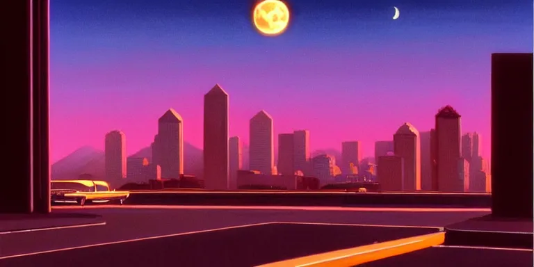 Image similar to an immaculate cinematic keyframe matte painting of a sleek 1 9 7 0 s vaporwave seattle at dusk with an oversized moon. by eric lafforgue, glennray tutor and edward hopper, greg rutkowski. trending on artstation.