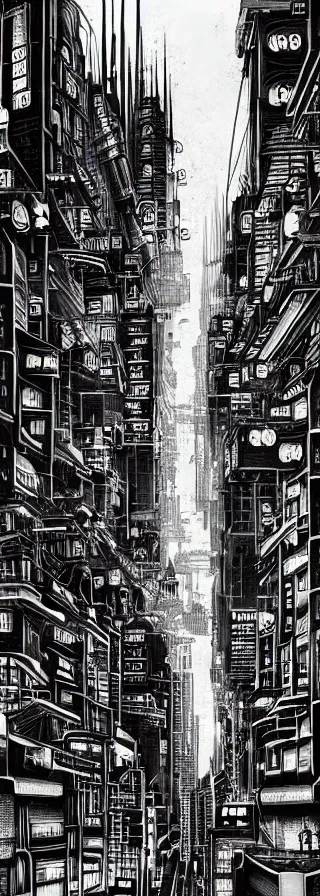 Image similar to blade runner style dystopian mega city street, lower levels with towering buildings reaching up to the clouds, viewed from street level looking up at neon sci - fi signs and lights by matt cook illustrator war artist ink drawing, ink illustration, colour ink with dark contrasted shadows