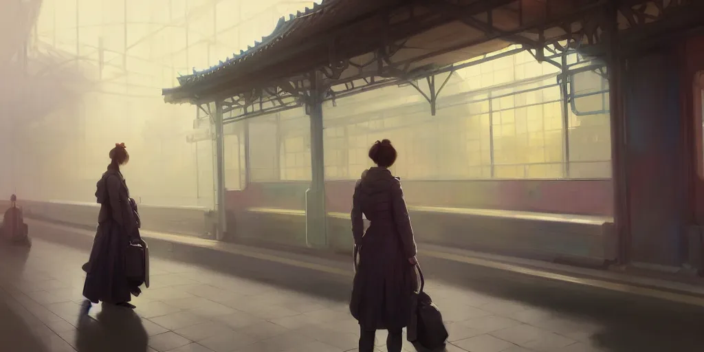 Prompt: a woman standing in a train station, train passing through behind her, full body, extremely detailed digital painting, in the style of fenghua zhong and ruan jia and jeremy lipking and peter mohrbacher, mystical colors, rim light, beautiful lighting, 8 k, stunning scene, raytracing, octane, trending on artstation