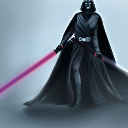Prompt: emma watson as a sith lord with a cloak and a lightsaber, trending on art station, by the best artists