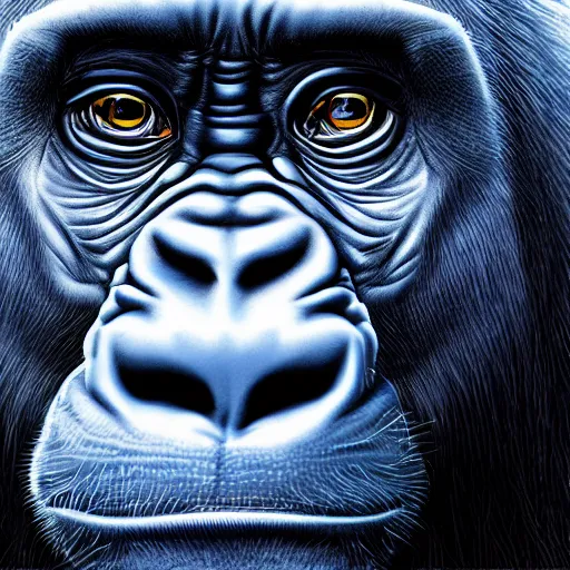 Prompt: A ((((potrait)))) of pure white faced silver back gorilla , covering its head with a deep blue cloth , digital art