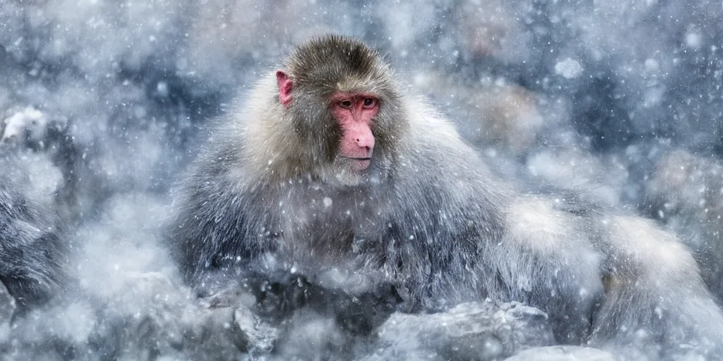 Image similar to scenic mountain setting, a family of snow monkeys gather at the natural spa to get warm, highly detailed, snow flurry, cold, steamy, desaturated blue, inquisitive, striking, contemplative, happy, content, warm, watercolor, dry brush