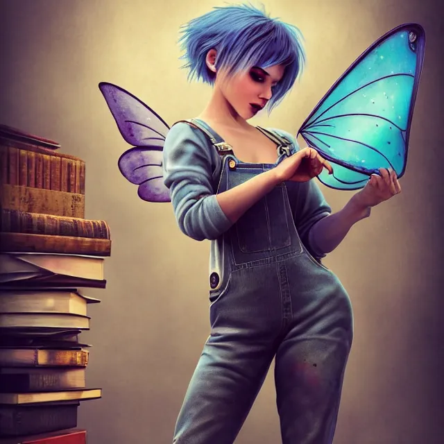 Image similar to full body pose, beautiful adult fairy, pixar, short white hair shaved sides, dirty, grungy, grunge, long sleeve, painted overalls, stacks of giant books, highly detailed, 4 k, hdr, smooth, sharp focus, high resolution, award - winning photo, artgerm, photorealistic