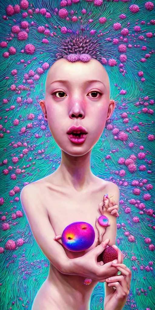 Image similar to hyper detailed 3d render like a Oil painting - kawaii Aurora (Singer) Eats of the juicy Strangling Fruit and Her gossamer polyp blossoms bring iridescent fungal flowers whose spores black the foolish stars by Jacek Yerka, Mariusz Lewandowski, Houdini algorithmic generative render, Abstract brush strokes, Masterpiece, Edward Hopper and James Gilleard, Zdzislaw Beksinski, Mark Ryden, Wolfgang Lettl, hints of Yayoi Kasuma, octane render, 8k