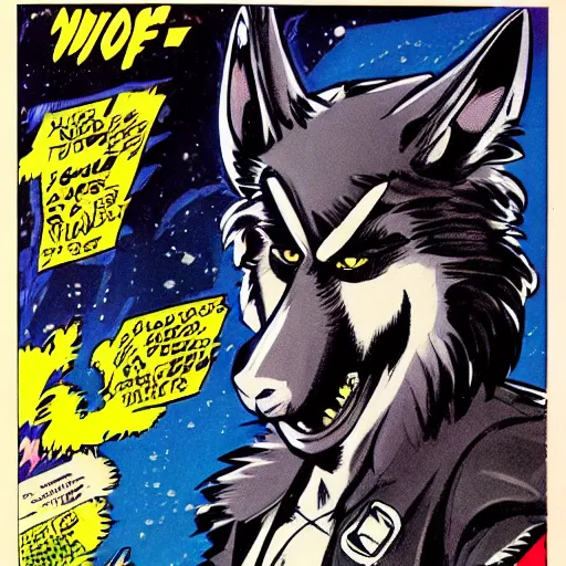 Image similar to 1 9 8 0 s comic book cover scan featuring a portrait of villain male wolf o'donnell anthropomorphic wolf furry fursona from starfox wearing a dark leather space mercenary uniform, fluffy eyebrows, dark grey wolf, wolf o'donnell, magazine scan, 1 9 8 0 s artwork scan