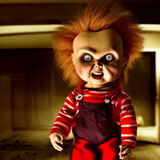 Image similar to Chucky the killer doll standing in a dark room holding a knife, scary lighting