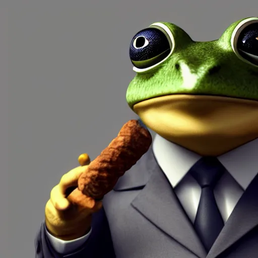 Image similar to a high quality photo of an antropomorphic frog wearing a suit smoking a cigar, 3d scene, render, ultra realistic, artstation, cgsociety