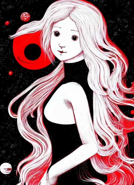 Prompt: highly detailed portrait of a hopeful pretty astronaut lady with a wavy blonde hair, by Dorothy Lathrop, 4k resolution, nier:automata inspired, bravely default inspired, vibrant but dreary but upflifting red, black and white color scheme!!! ((Space nebula background))