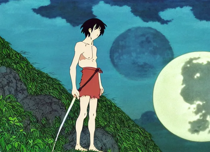 Prompt: a still from a studio ghibli movie of a cartoon half goat half man from princess mononoke ( 1 9 9 7 ), in front of a pale full moon, full body, wide shot, very dull muted colors, studio ghibli, highly detailed, deviantart, art by artgem