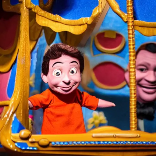 Prompt: a six year old child puppet in the its a small world ride in real life that looks exactly like ron desantis the governor of florida, highly detailed, high definition, ultra realistic