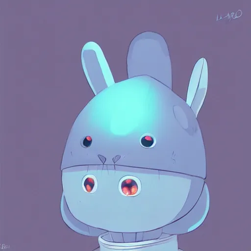 Image similar to artstation, by hayao myazaki, concept art, digital art, light blue, 2 - dimensional, 2 d, a rabbit robot