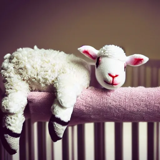 Prompt: storybook illustration of baby sleeping in a crib with a toy lamb on top of its head, storybook illustration, monochromatic