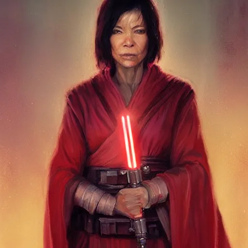 Image similar to portrait of a woman by greg rutkowski, jedi queen, half asian, black bob hair, star wars expanded universe, she is about 5 0 years old, wearing jedi red robes.