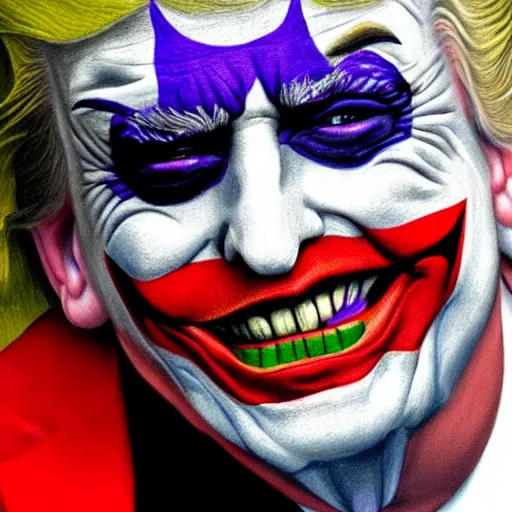 Image similar to donald trump with his face painted like the joker, oil painting, detailed, realistic,