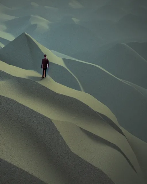 Prompt: a man standing in the middle of a mountain, a low poly render by filip hodas, behance contest winner, environmental art, rendered in cinema 4 d, volumetric lighting, low poly