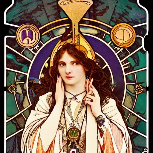 Image similar to the priestess of tarot by alphonse maria mucha, steampunk, 8 k, - h 1 0 8 0