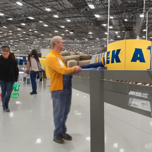 Prompt: flash photograph of an alien shopping for furniture at ikea