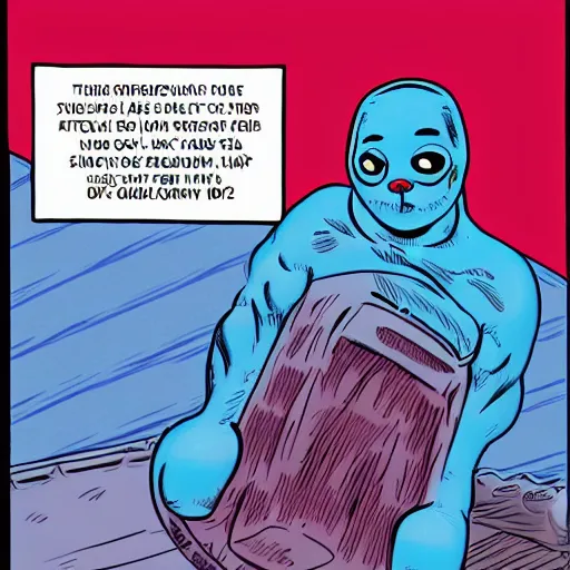 Image similar to blue baby baby seal on top of a roof, dark lighting, wide shot, comix by dave gibbons and john higgins