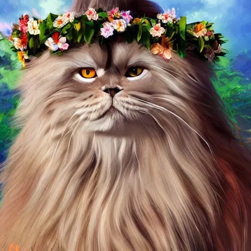 Image similar to oil painting portrait of a long haired fluffy himalayan cat wearing flower crown and lei necklace on tropical island background digital art, concept art, highly detailed, 3-D 4k, trending on art station, Mark Brooks,