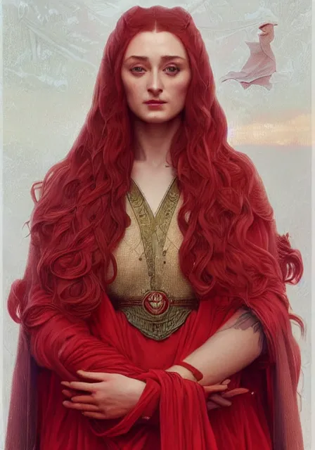 Prompt: portrait of sansa stark in red, intricate, elegant, highly detailed, digital painting, artstation, concept art, smooth, sharp focus, illustration, art by artgerm and greg rutkowski and alphonse mucha and william - adolphe bouguereau