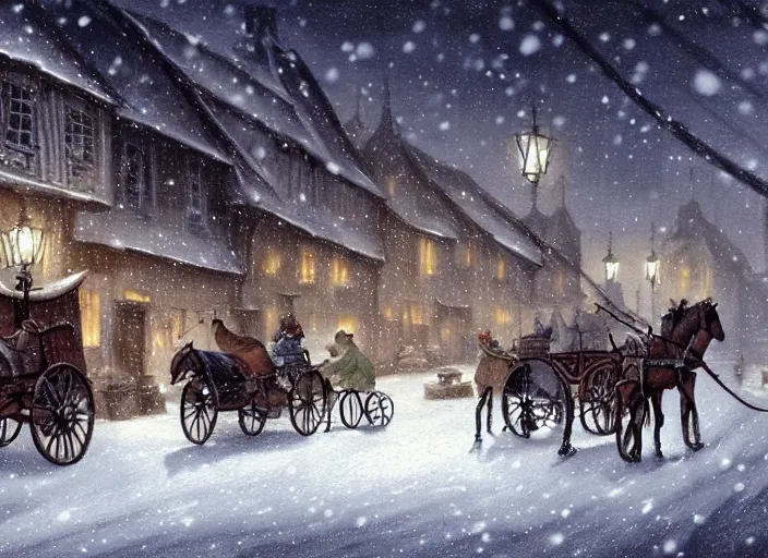 Image similar to a night scene of a snowy town with a horse drawn carriage, a detailed matte painting by anton pieck, deviantart contest winner, fantasy art, concept art, official art, matte drawing