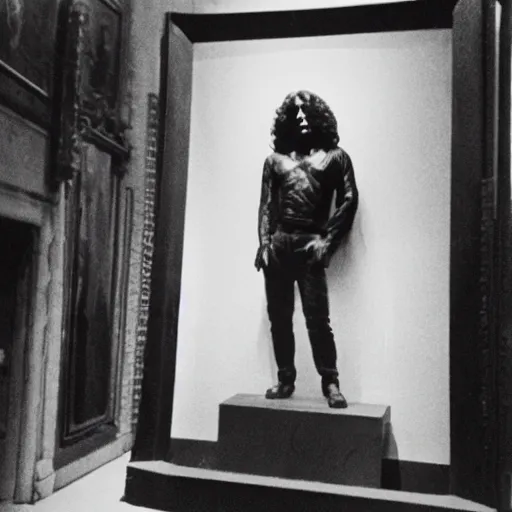 Image similar to photograph of a taxidermied jim morrison in a museum