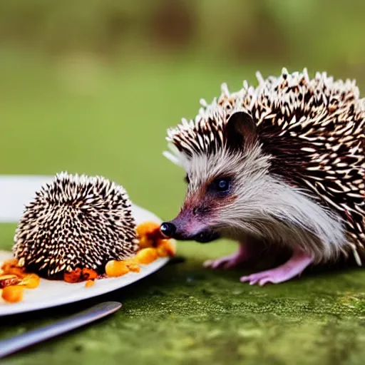 Image similar to hedgehog having dinner on the table with fork, filmed on 35mm photo, depth of field, high detailed