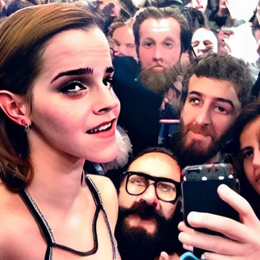 Prompt: a bearded emma Watson taking a selfie with her fans