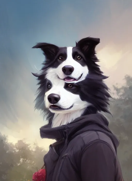 Image similar to wide angle full body portrait of a cute male anthropomorphic border collie fursona wearing a jacket in front of a park, by charlie bowater, henry asencio, and ross tran, concept art, digital painting, furaffinity, scenic background, intricate, elegant, beautiful, fantasy, glamor pose, detailed, trending on artstation