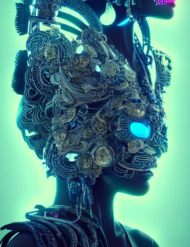 Image similar to 3 d goddess close - up profile portrait cyberpunk with ram skull. beautiful intricately detailed japanese crow kitsune mask and clasical japanese kimono. betta fish, jellyfish phoenix, bio luminescent, plasma, ice, water, wind, creature, artwork by tooth wu and wlop and beeple and greg rutkowski