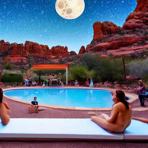 Image similar to full moon over a pool in a courtyard in the Sedona Arizona desert, people lounging, painting in the style of Max Ernst, incredible, 4k